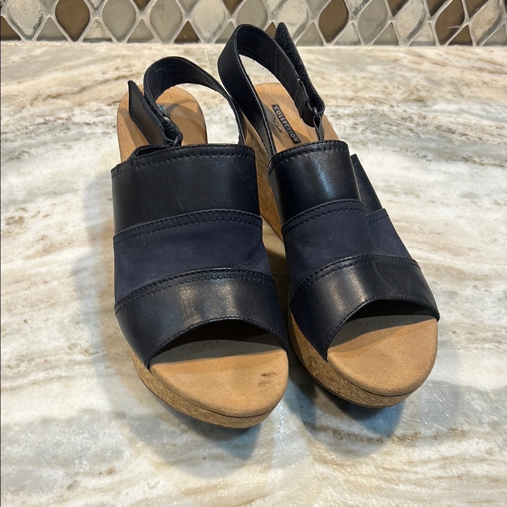 Clarks Black and Tan Wedge Sandals
